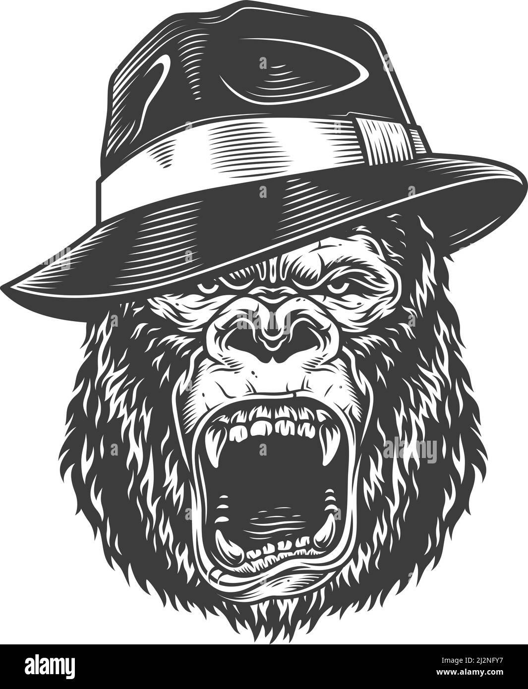Angry gorilla in monochrome style in fedora hat. Vector vintage