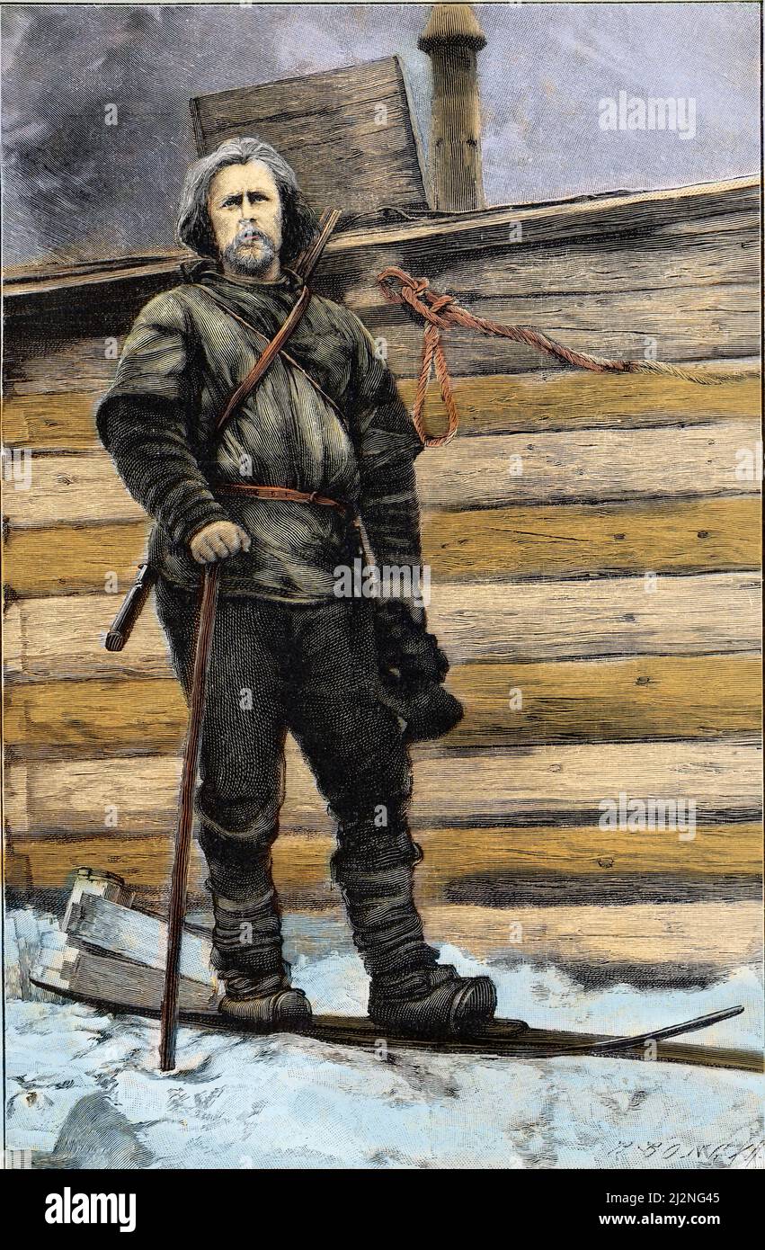 Portrait de l'explorateur norvegien Fridjof ( Fridtjof ) Nansen ( 1861-1930), pendant l'été 1896. Illustration d'apres une photographie, publiée dans 'l'univers et l'humanité', tome 3, par H.Kraemer, edition Bong et Cie, Paris, vers 1900. Stock Photo