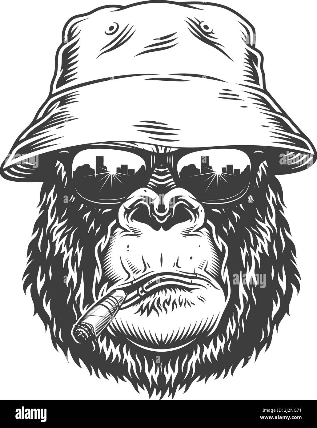 Gorilla head in monochrome style in the panama hat. Vector illustration