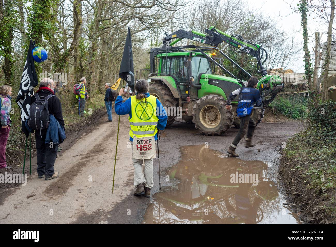 UK, England, Devonshire. 22/03/2019 Moretonhampstead to Exeter leg of the Extinction Rebellion ‘Earth March’ to Westminster. Making way for a tractor. Stock Photo
