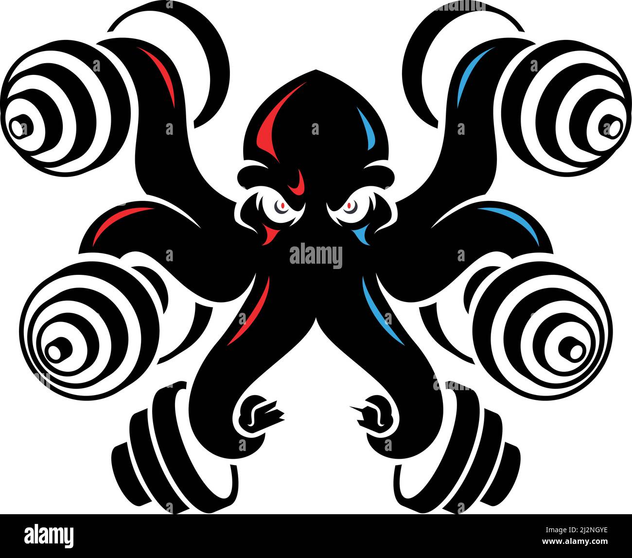 Black Octopus Holding Dumbbells by Its Tentacles Stock Vector
