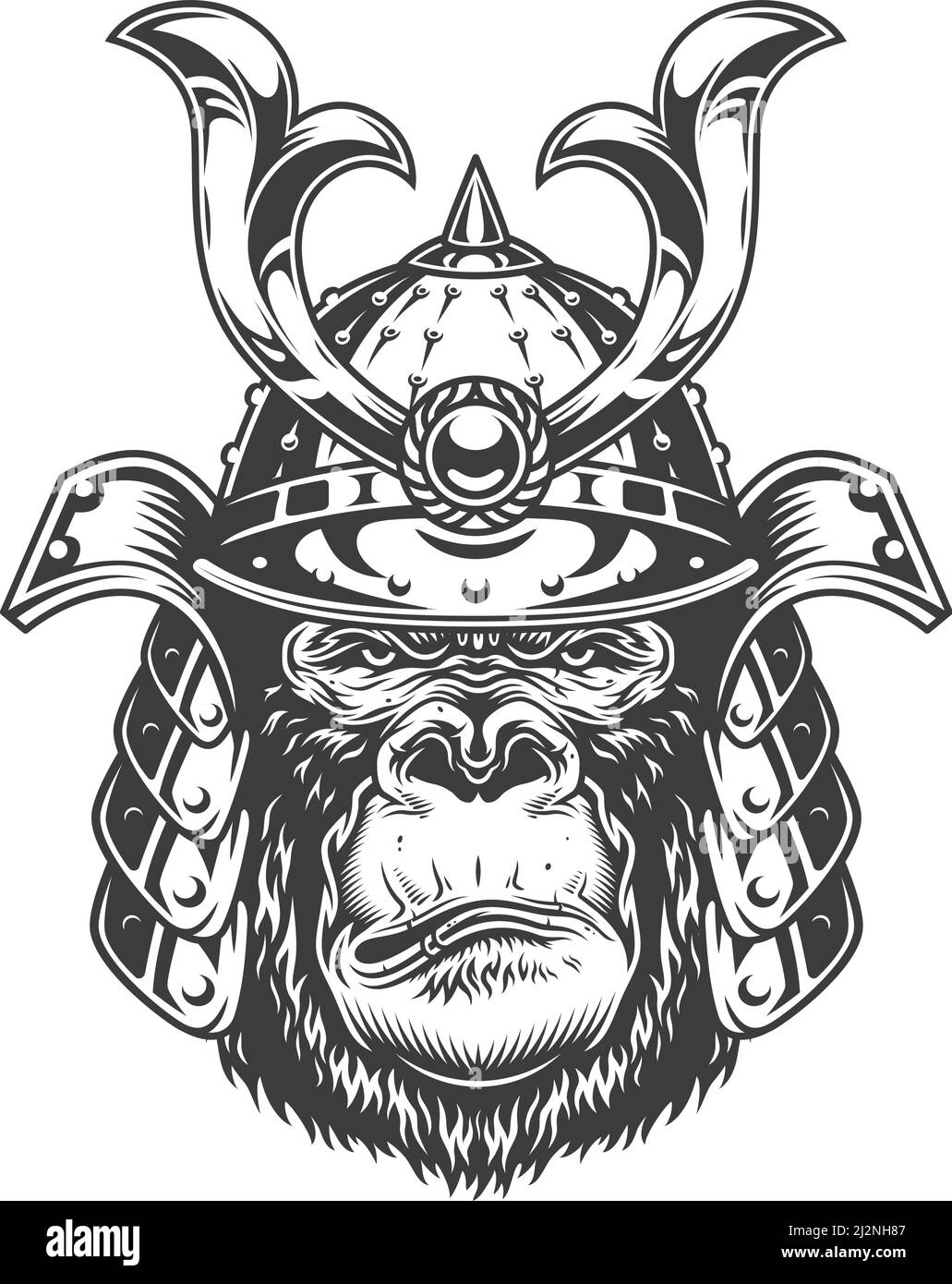 Vintage serious gorilla warrior in samurai helmet in monochrome style isolated vector illustration Stock Vector