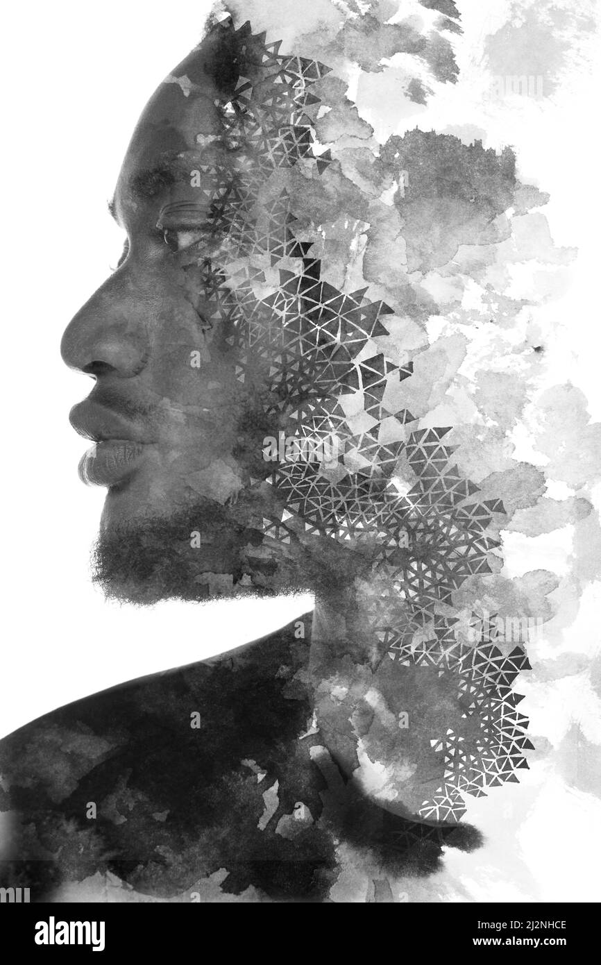 A double exposure portrait of a man combined with abstract geometric shapes. Stock Photo