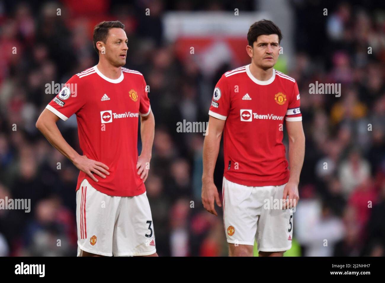 Manchester United's Nemanja Matic and Manchester United's Harry Maguire during the Premier League match at Old Trafford, Greater Manchester, UK. Picture date: Saturday April 2, 2022. Photo credit should read: Anthony Devlin Stock Photo