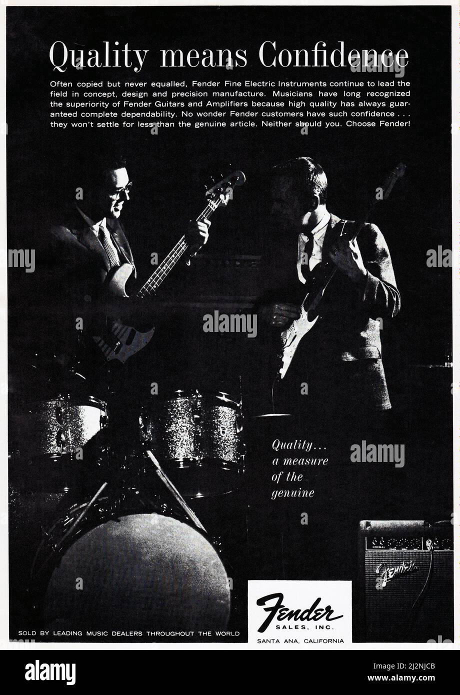 A contasty black & white Fender guitar ad from a 1969 American music magazine. It's proclaiming that quality menas confidence. Stock Photo