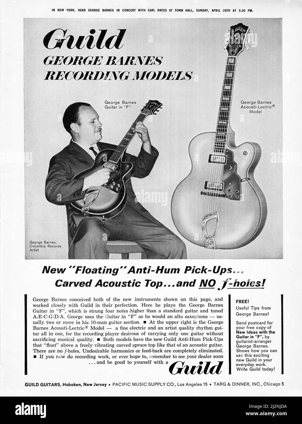 An ad for Guild guitars and their acoustic electric model.It features legendary swing guitarist George Barnes. From a 1969 American music magazine. He was one of the first to record on electric guitar Stock Photo