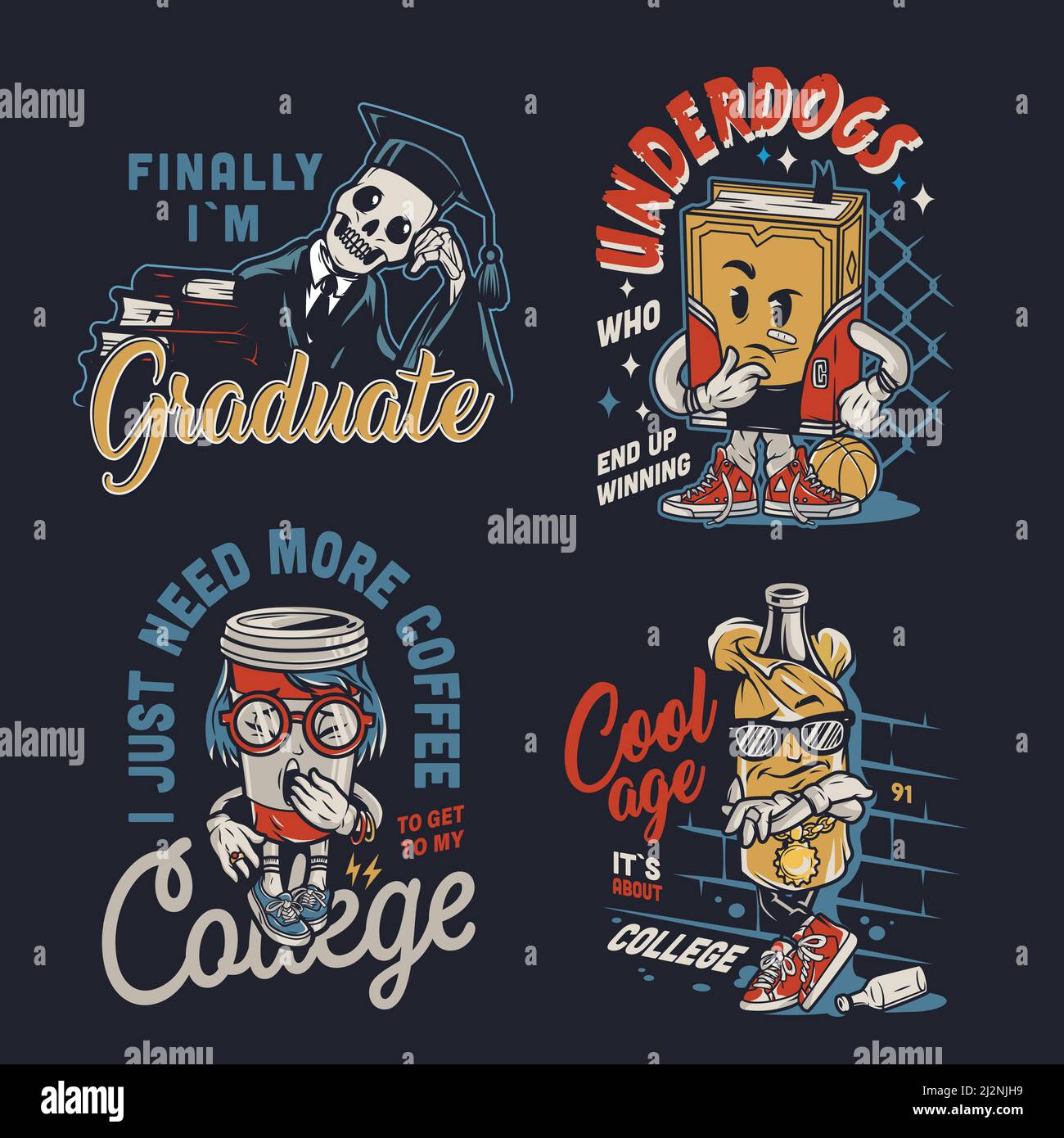 Vintage college funny characters labels with meditative book yawning coffee cup stylish bottle wearing paper bag skeleton in mantle and graduation cap Stock Vector