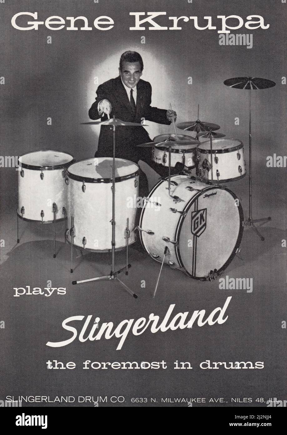 A full page ad for Slingerland Drums from a 1960 American music magazine featuring jazz drumming legend, Gene Krupa. Stock Photo