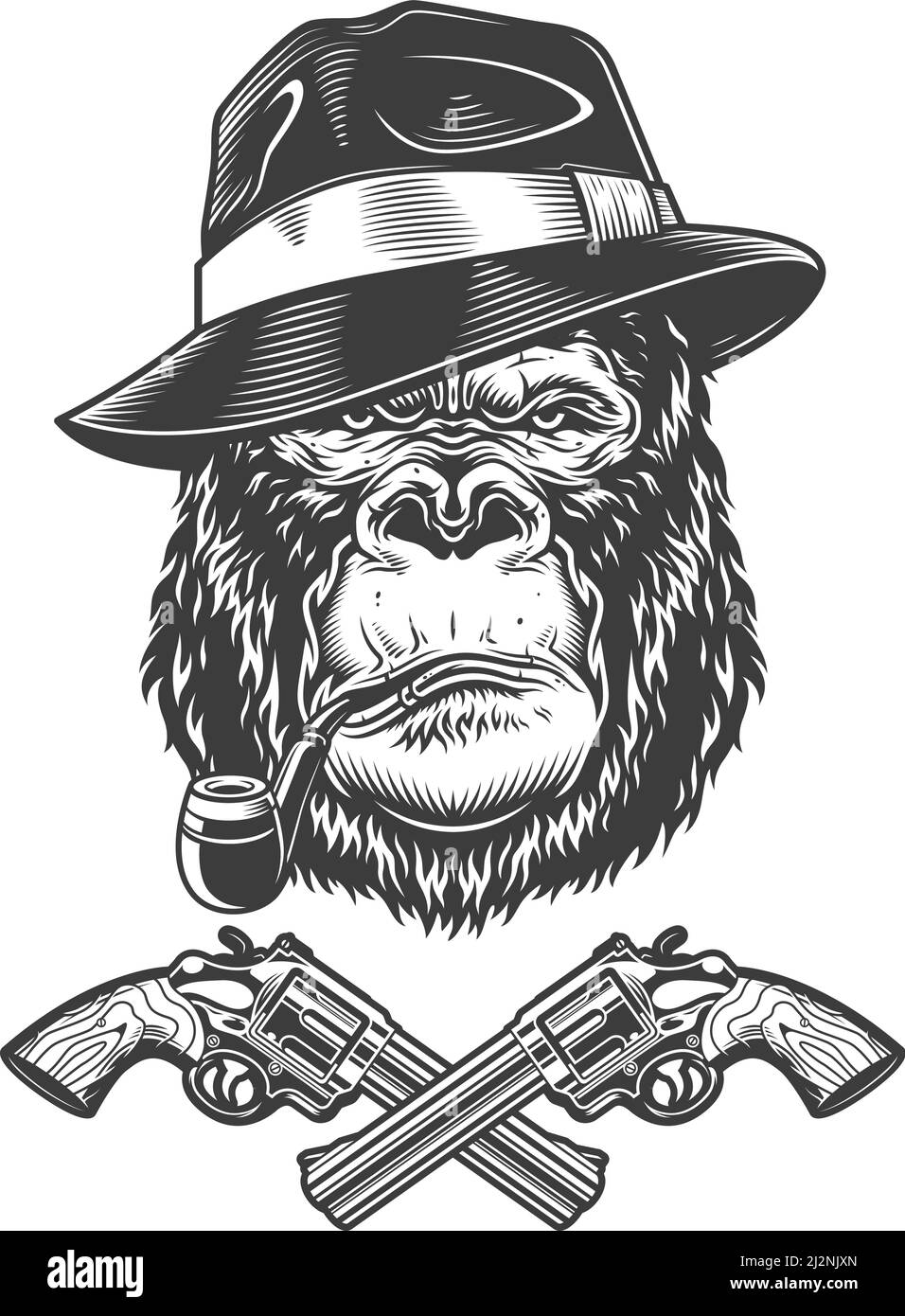 Vintage monochrome serious gangster gorilla head in fedora hat smoking pipe with crossed revolvers isolated vector illustration Stock Vector