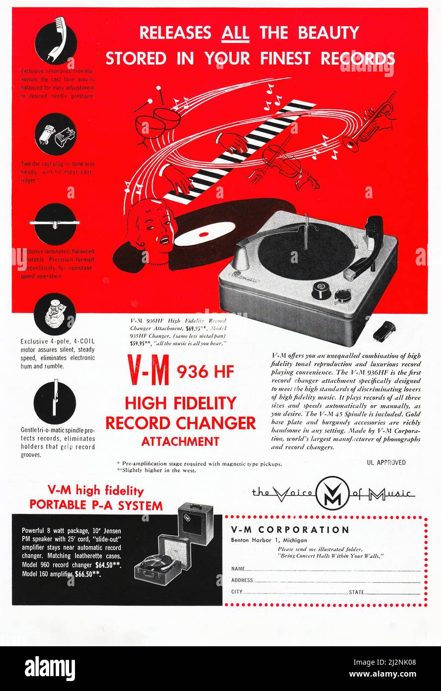 From a 1954 music, audiophile, hi fi magazine, an advertisement fo the VM High Fidelity Record Changer Stock Photo