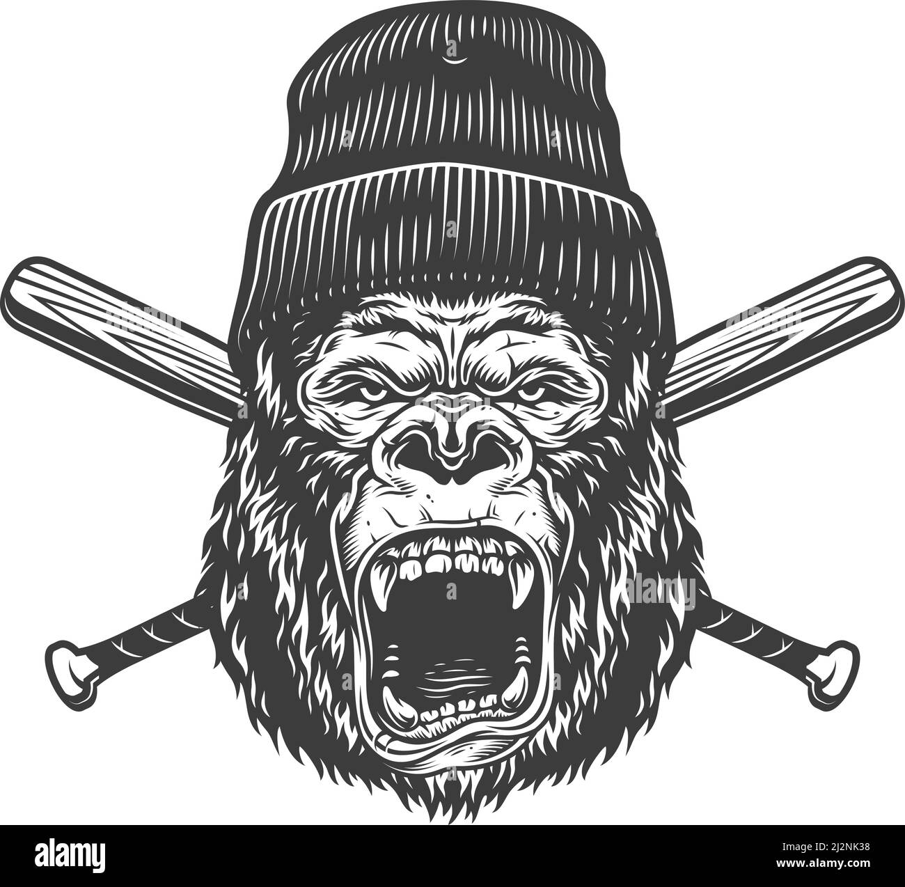 Vintage angry gorilla head in beanie hat with crossed baseball bats