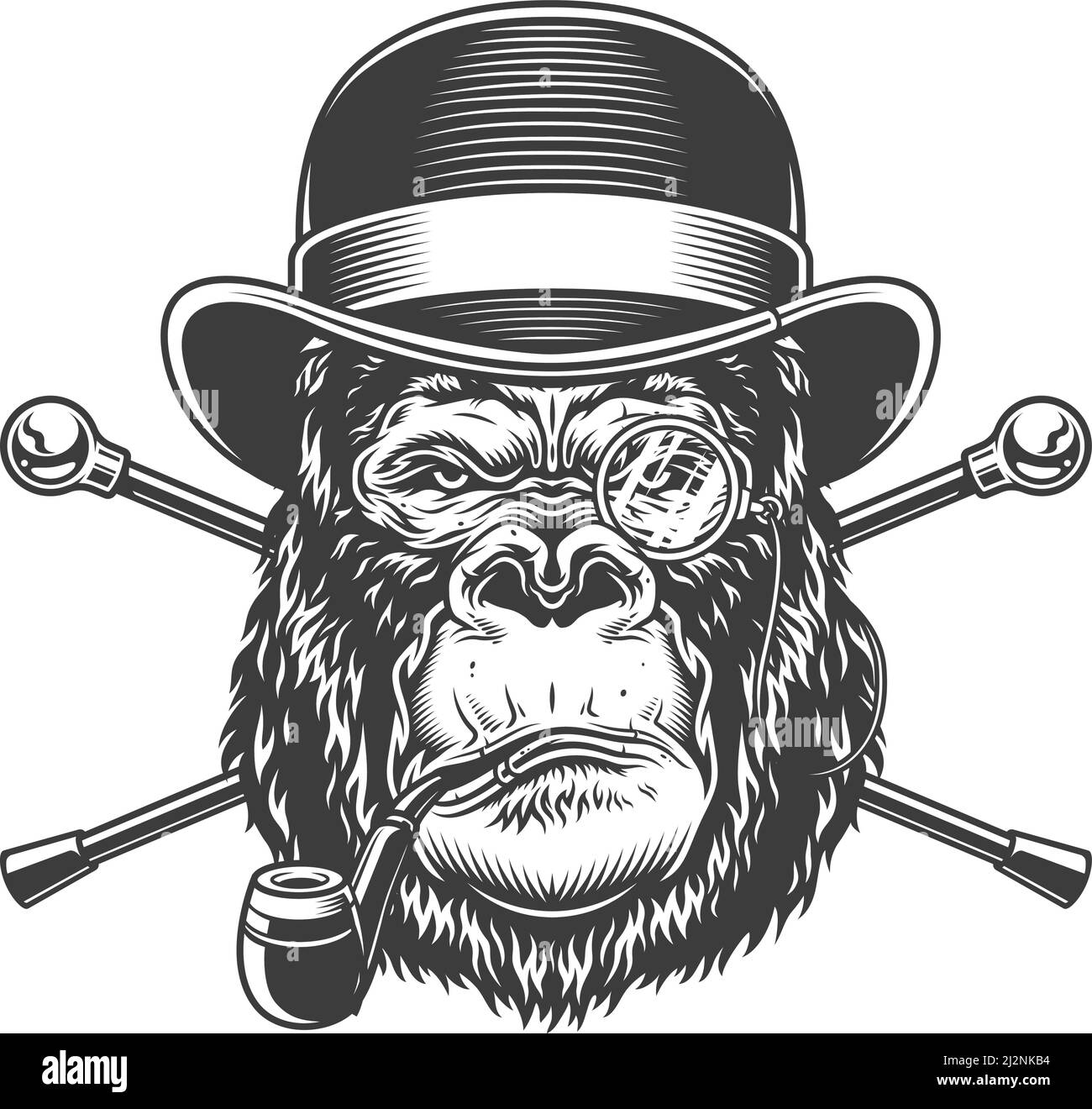 Vintage serious gorilla head smoking pipe in fedora hat with rimless eyeglass and crossed canes isolated vector illustration Stock Vector