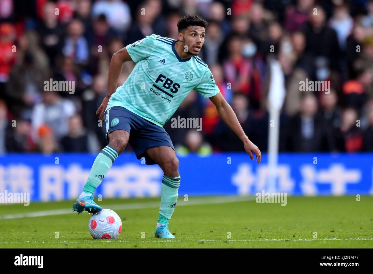 Leicester City's James Justin during the Premier League match at Old Trafford, Greater Manchester, UK. Picture date: Saturday April 2, 2022. Photo credit should read: Anthony Devlin Stock Photo