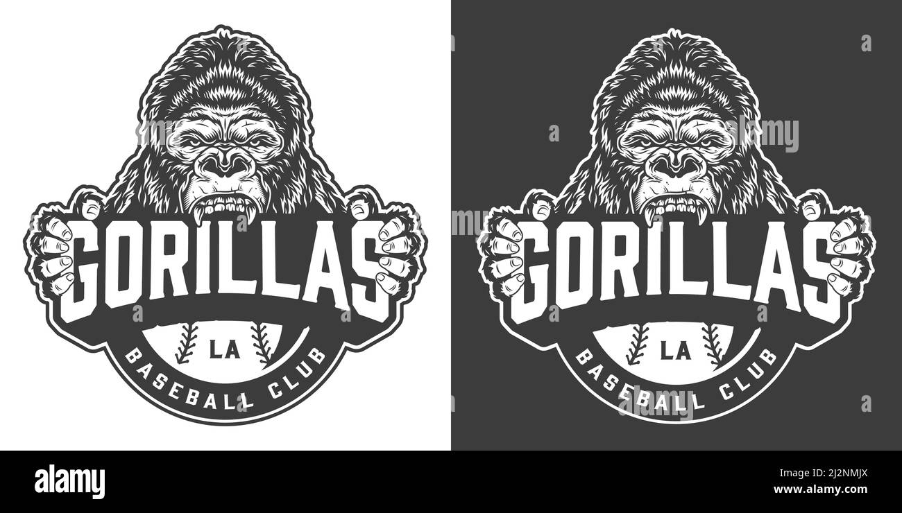 Vintage gorillas baseball club logotype with ferocious monkey mascot in