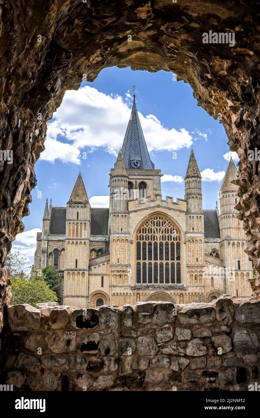 Rochester, United Kingdom - June 6, 2015. View to Rochester Cathedral through castle wall window. Stock Photo