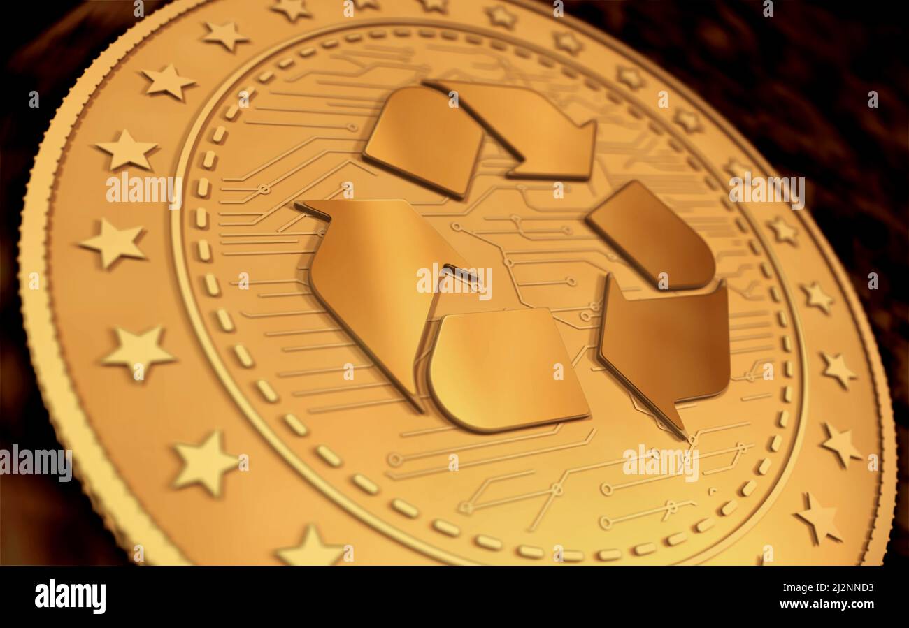 Recycling, ecology, e-waste and money circulation gold coin on green ...