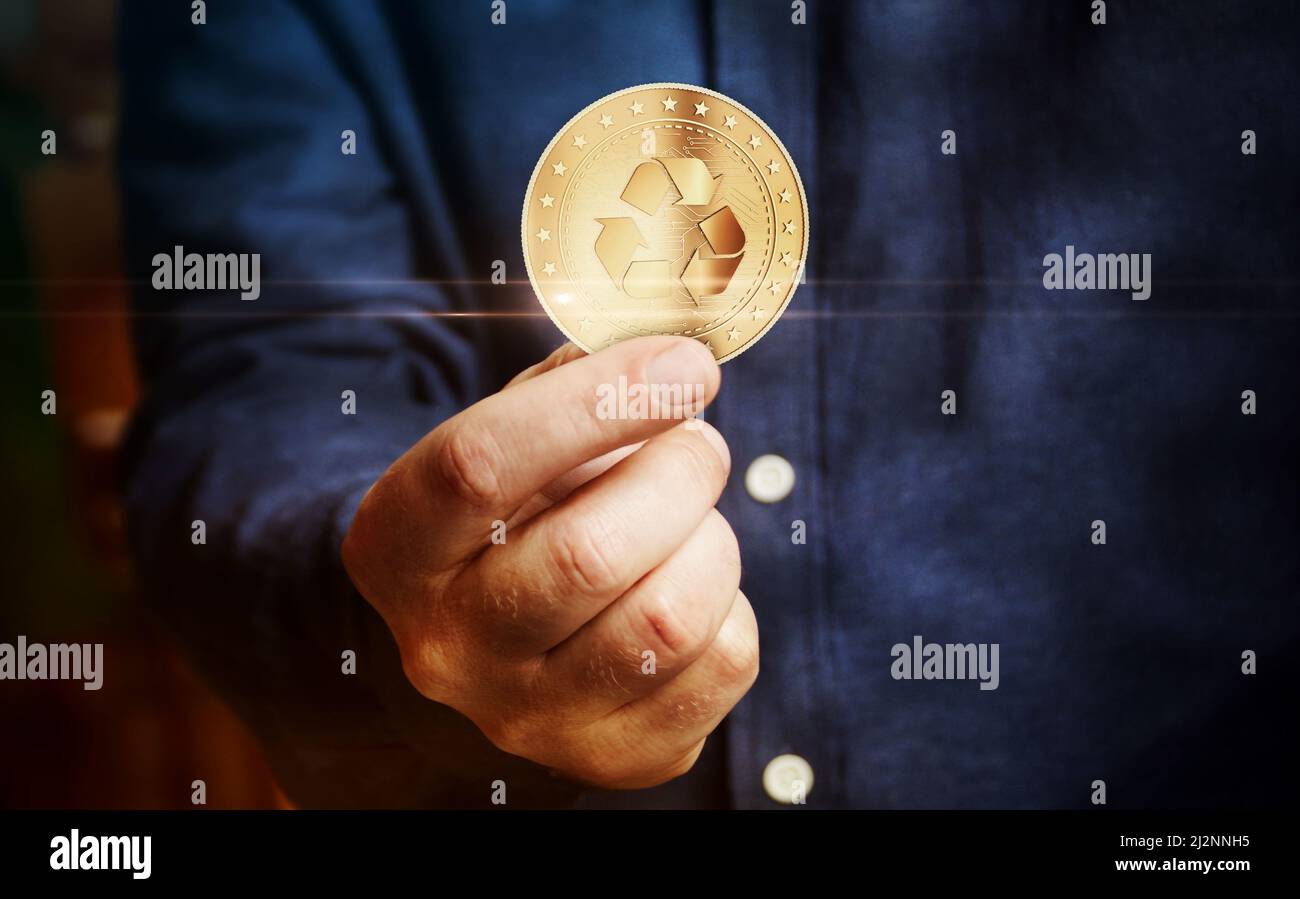 Recycling, ecology, e-waste and money circulation golden coin in hand abstract concept 3d illustration Stock Photo