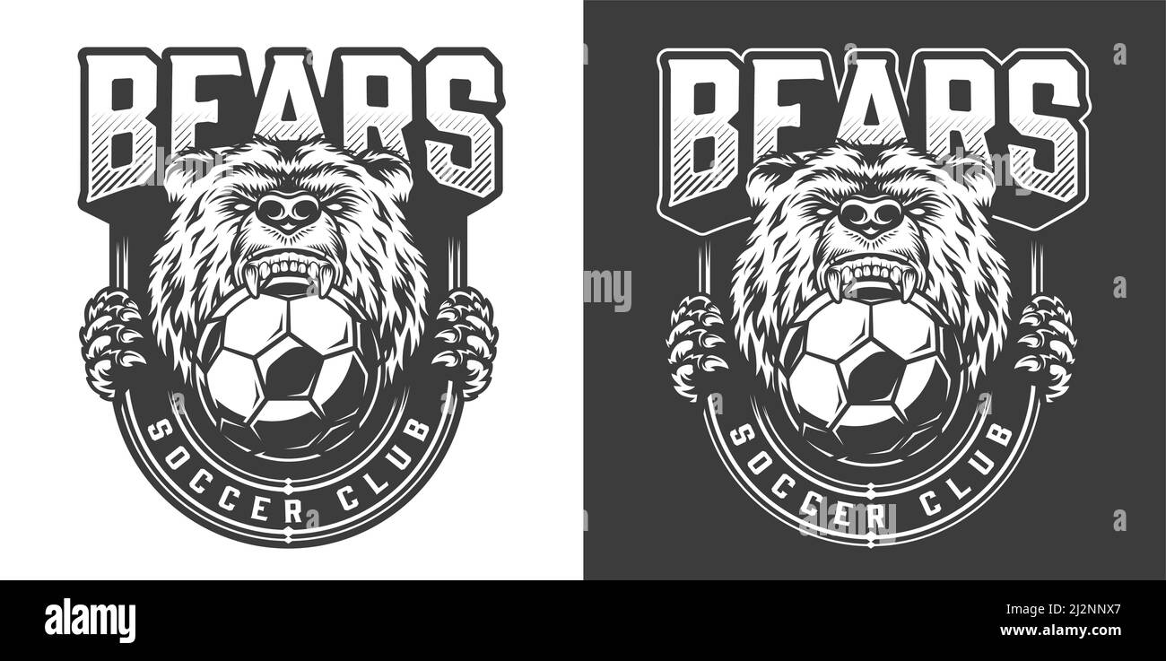 Football team angry bear mascot emblem with grizzly keeps soccer ball in his mouth in vintage monochrome style isolated vector illustration Stock Vector