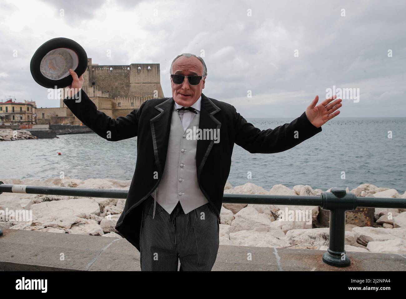 Naples, Italy. 01st Apr, 2022. The actor, imitates Francesco Paolocci in Naples in via Partenope, in the role of Antonio De Curtis, prince of laughter aka Totò. Credit: Independent Photo Agency/Alamy Live News Stock Photo