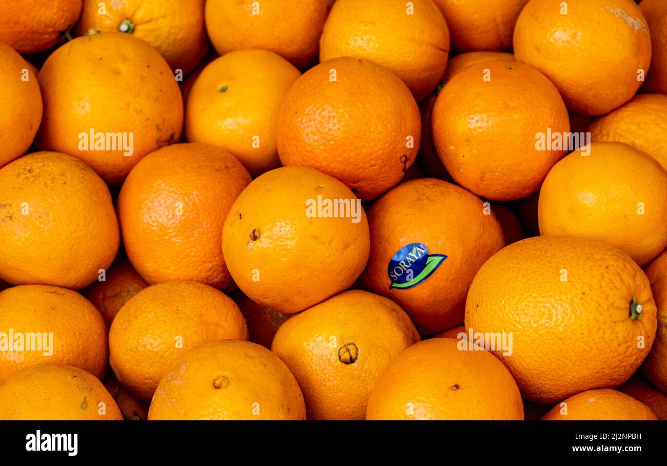 Kingston Upon Thames London UK, April 01 2022, Pile Or Stack Of Fresh Ripe Juicy Oranges With No People Stock Photo