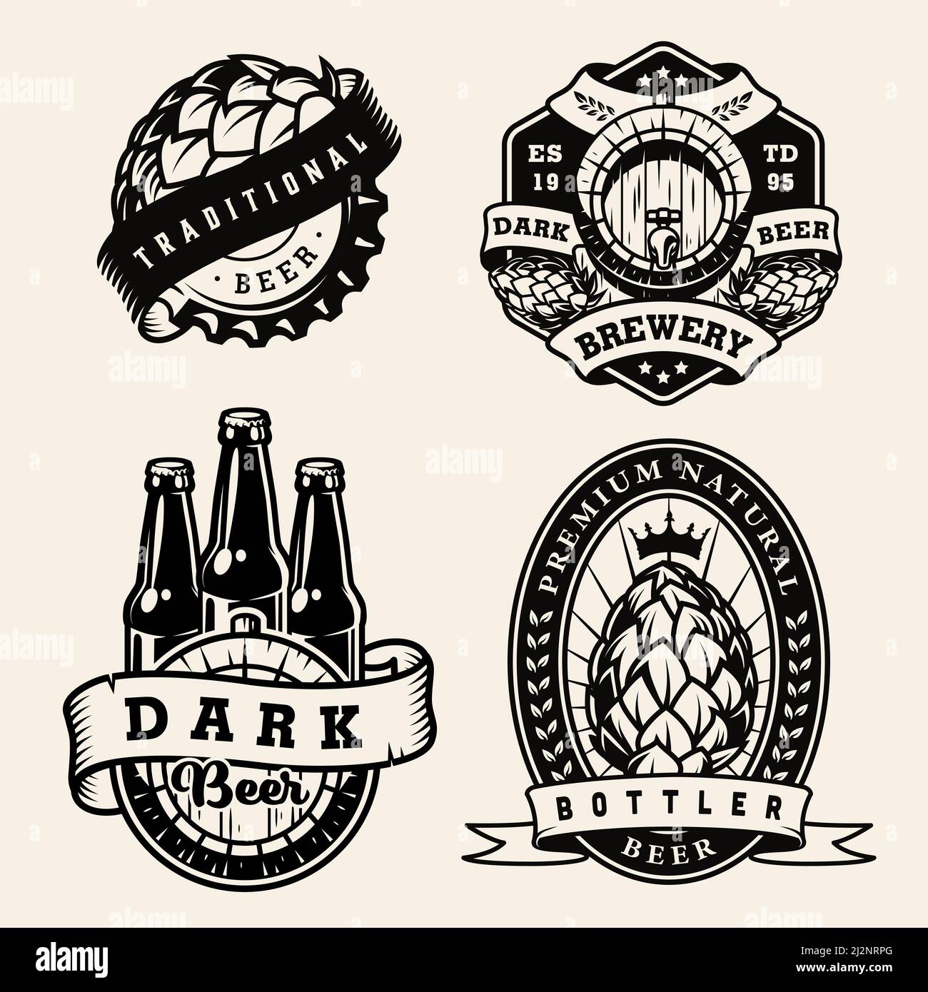 Vintage brewing monochrome badges set with hop cones beer bottles cap ...