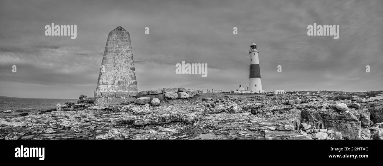 Portland Bill with the Trinity House obelisk with its famous 43metres high lighthouse are near the coastal resort town of Weymouth Stock Photo