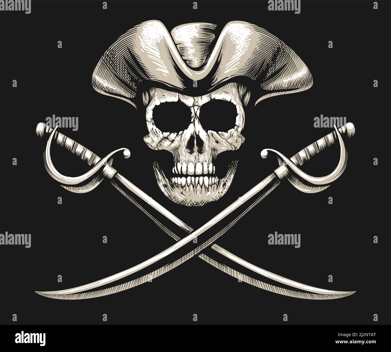 Emblem of Pirate Skull with Sabres Jolly Roger isolated on black. Vector illustration. Stock Vector