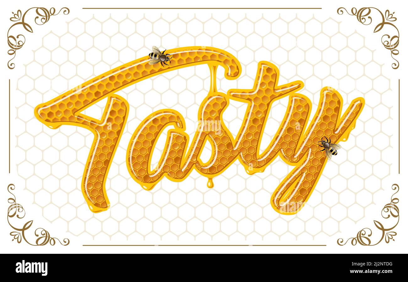 tasty lettering with honeycomb patten. Vector shiny illustration Stock ...