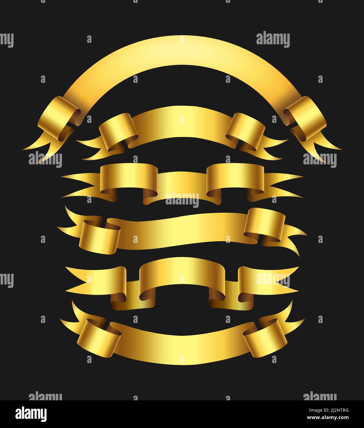Golden Ribbons Set Isolated Black Background.. Vector Illustration - Stock Image