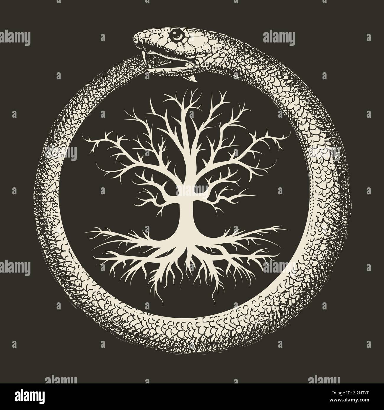 Esoteric Symbol of Ouroboros Snake and Tree of Life Ancient isolated on black. Vector illustration. Stock Vector