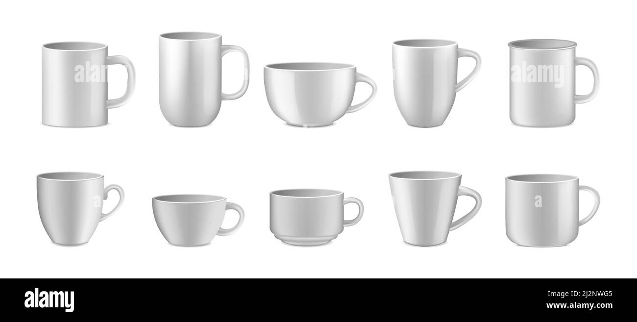 Coffee cups mock up. Ceramic 3D mug template. Vector blankn teacups set Stock Vector