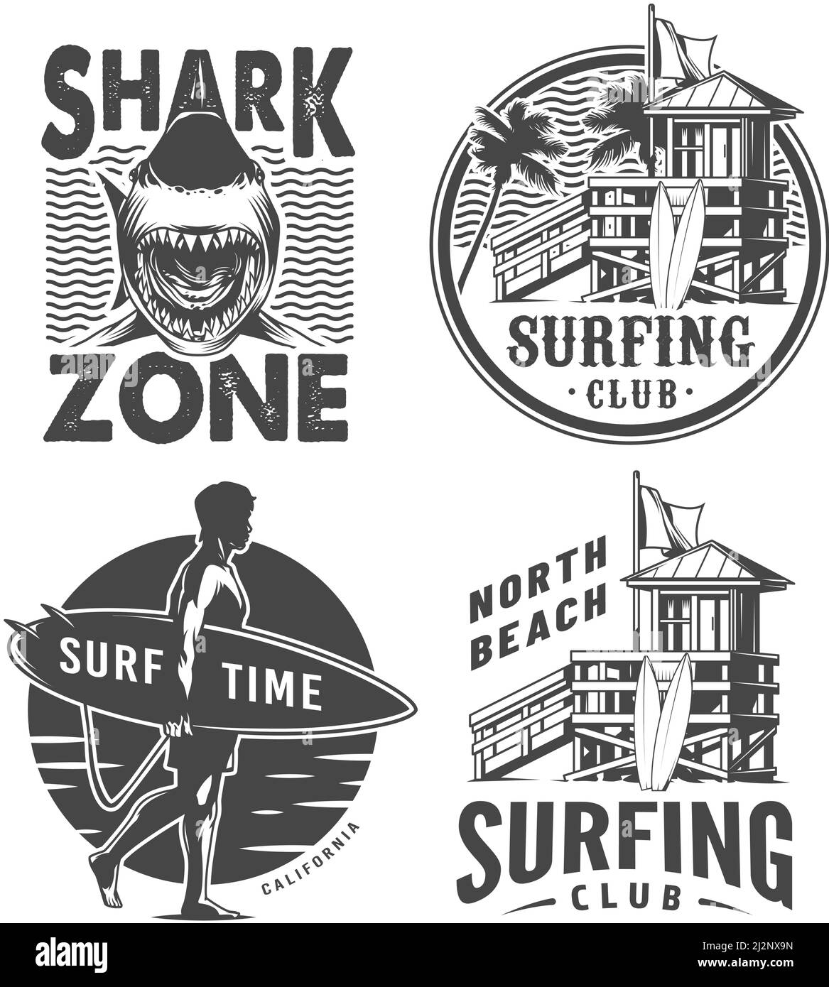 Vintage surf logos monochrome set with shark house of surfing club ...