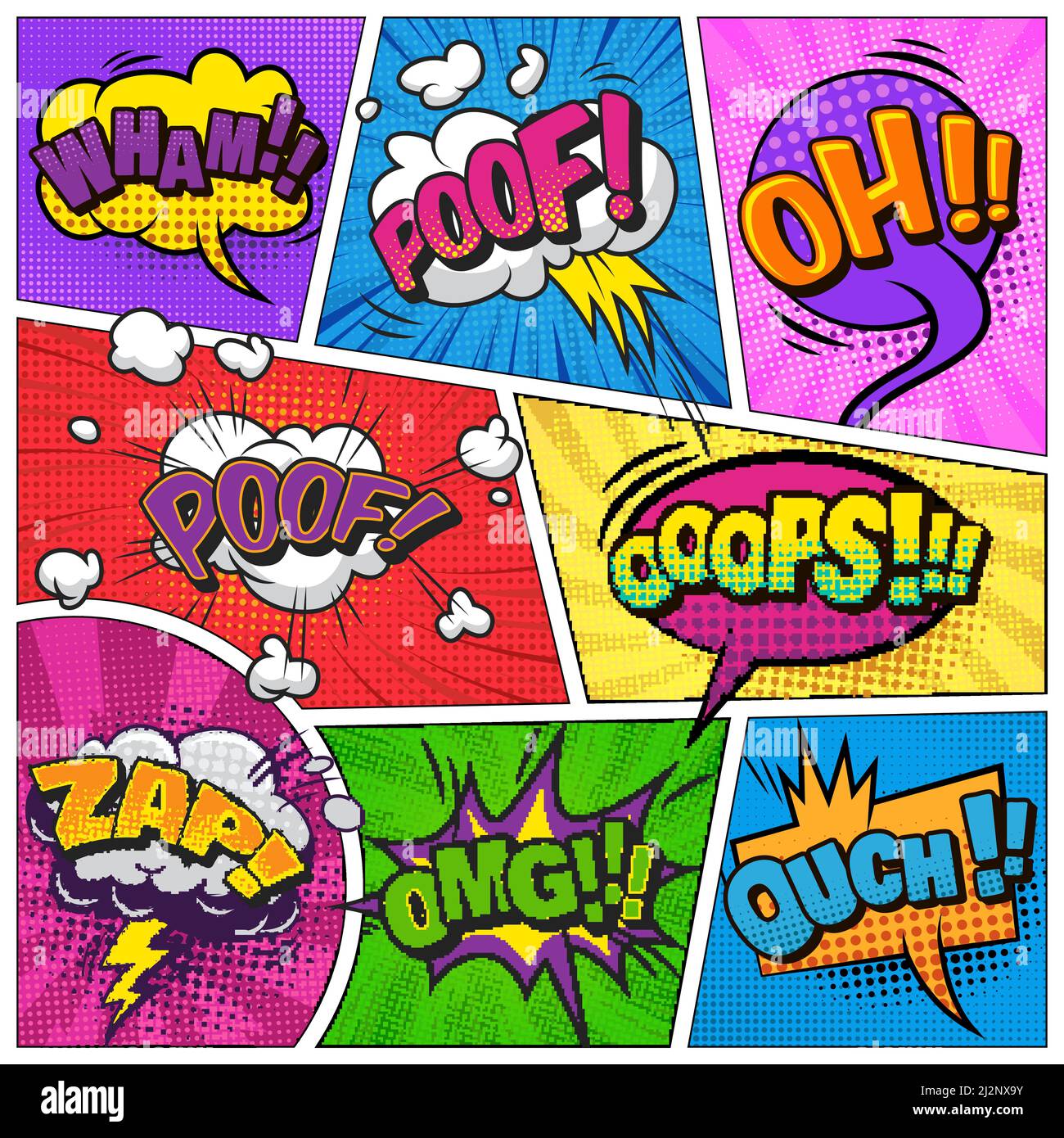 Comic page background with speech bubbles wordings clouds explosive halftone radial rays humor effects vector illustration Stock Vector