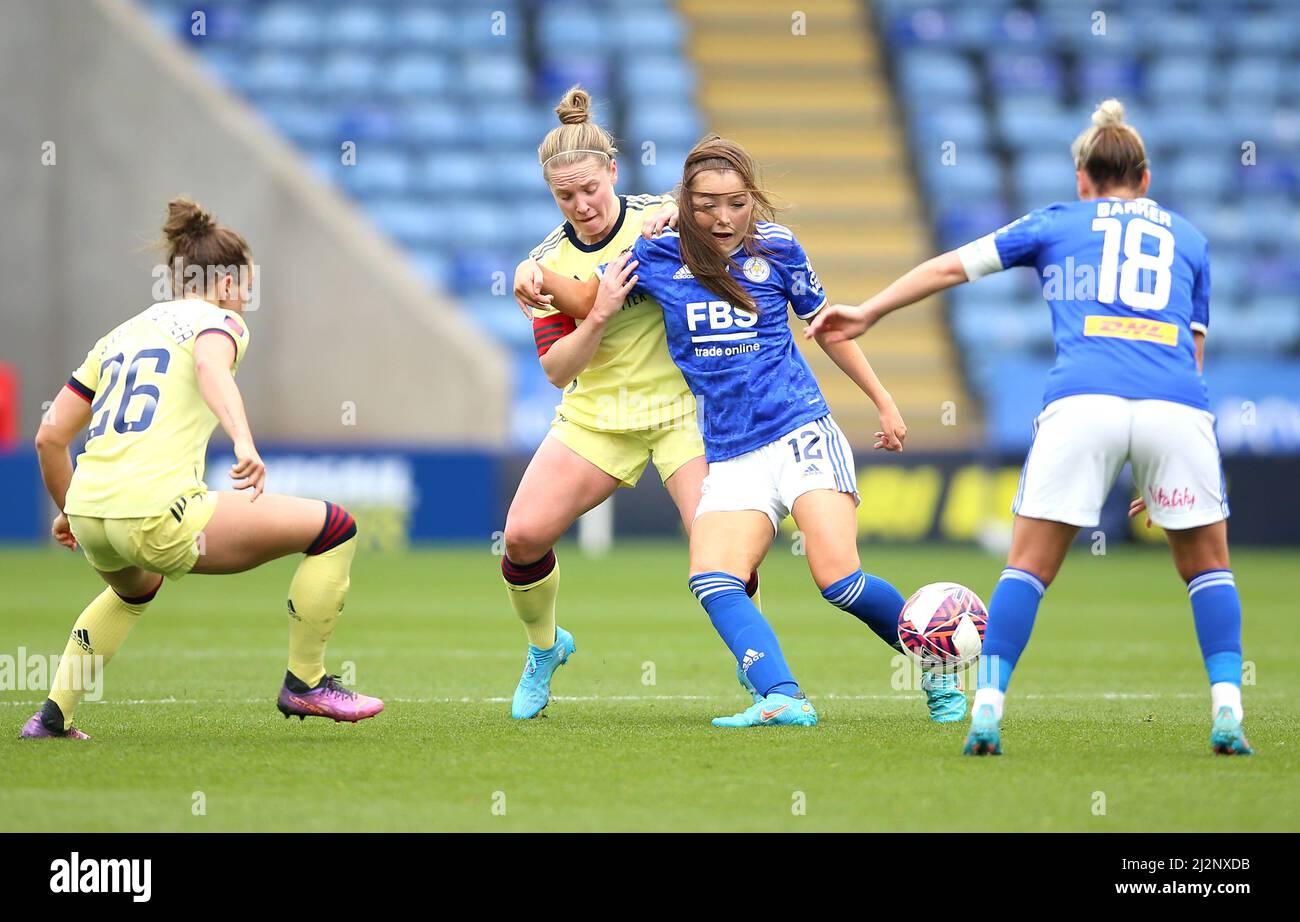 Arsenal's Kim Little and Leicester City's Missy Goodwin battle for the ball during the Barclays FA Women's Super League match at the King Power Stadium, Leicester. Picture date: Sunday April 3, 2022. Stock Photo