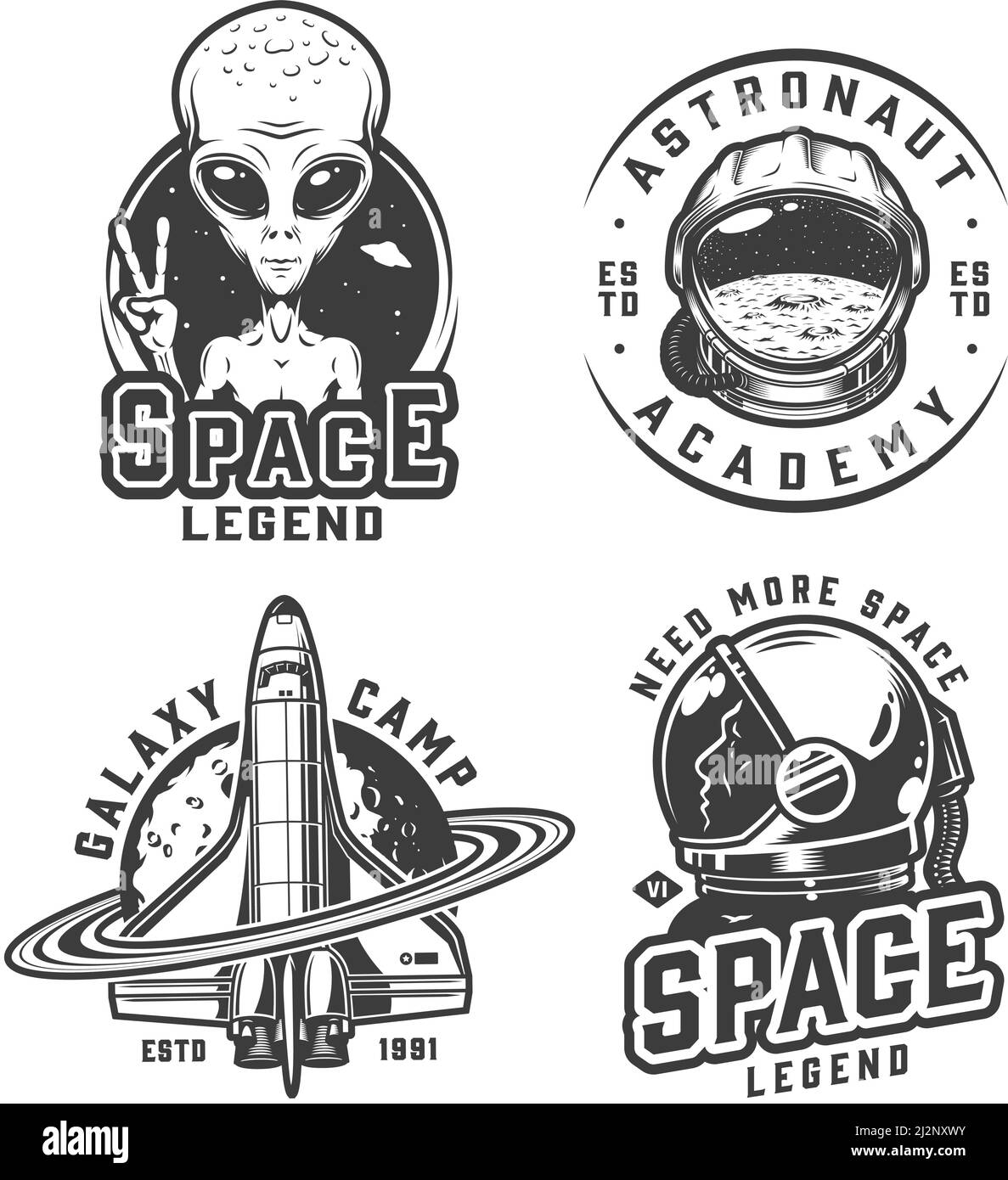 Vintage monochrome space badges set with alien showing peace sign moon surface in astronaut helmet shuttle and cosmonaut isolated vector illustration Stock Vector