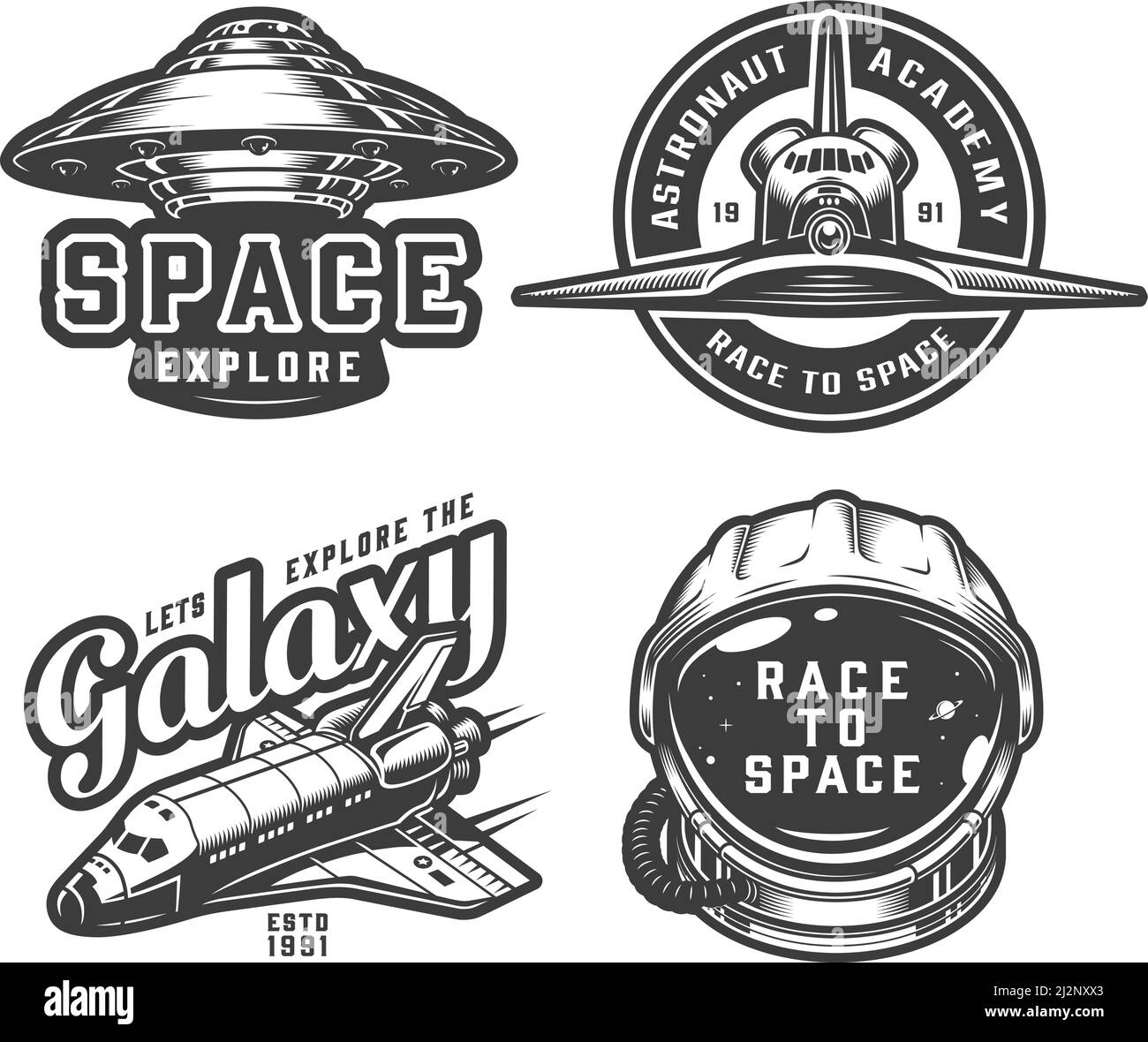 Vintage space logos collection with shuttle ufo astronaut helmet and spaceship front view in monochrome style isolated vector illustration Stock Vector