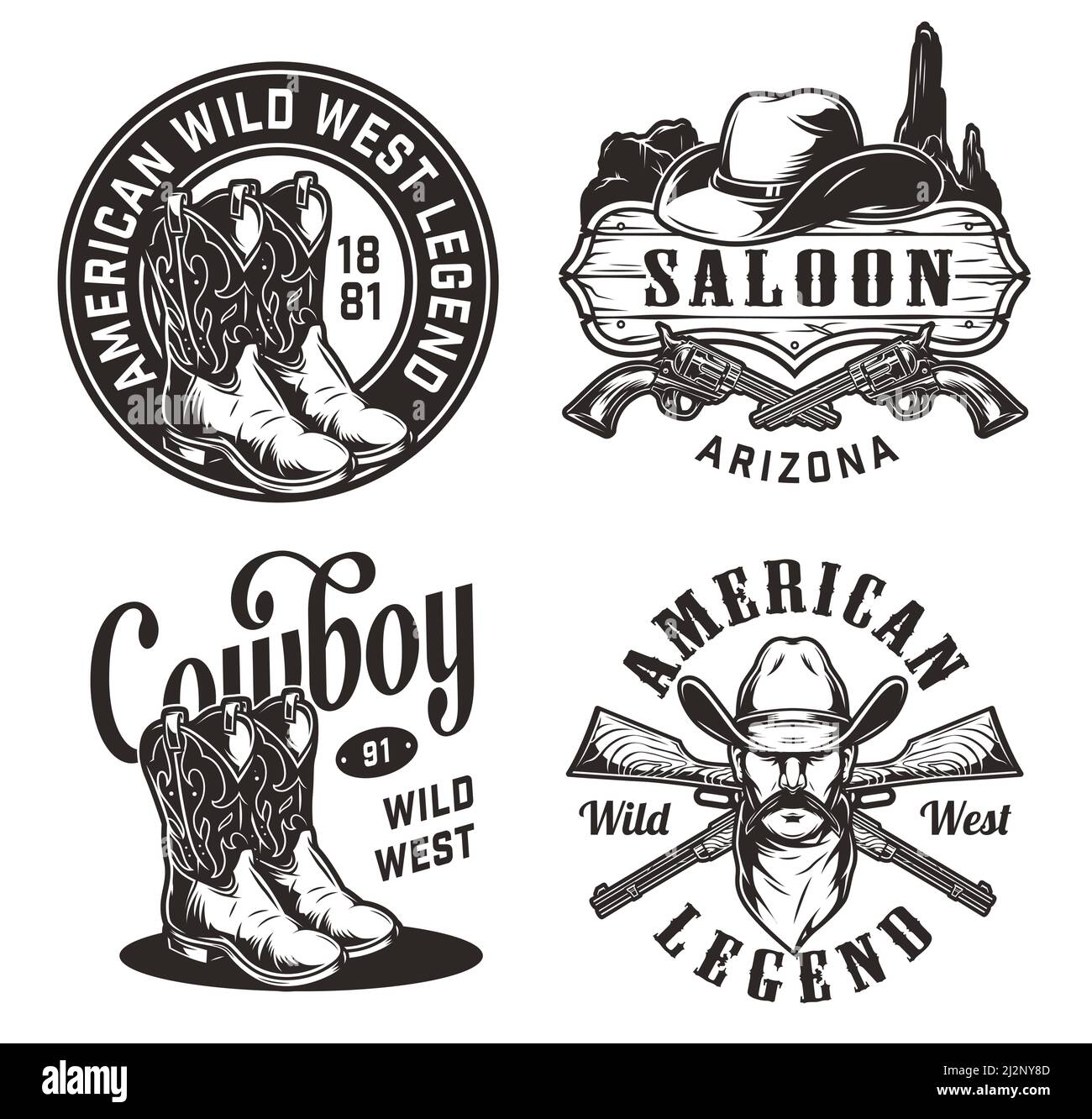 Vintage wild west emblems set with mustached cowboy boots hat on saloon signboard crossed guns desert hills landscape isolated vector illustration Stock Vector