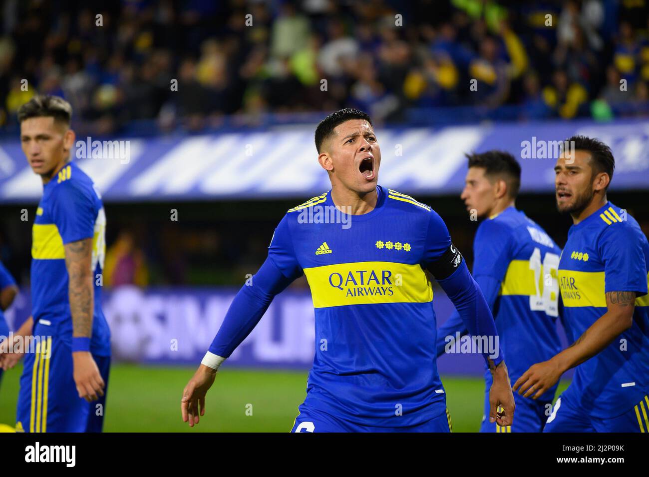 Marcos Rojo of Boca Juniors celebrates during the match between Boca Juniors and Arsenal as part of Copa de la Liga 2022 at Estadio Alberto J. Armando.(Final Score; Boca Juniors 2:2 Arsenal). (Photo by Manuel Cortina / SOPA Images/Sipa USA) Stock Photo