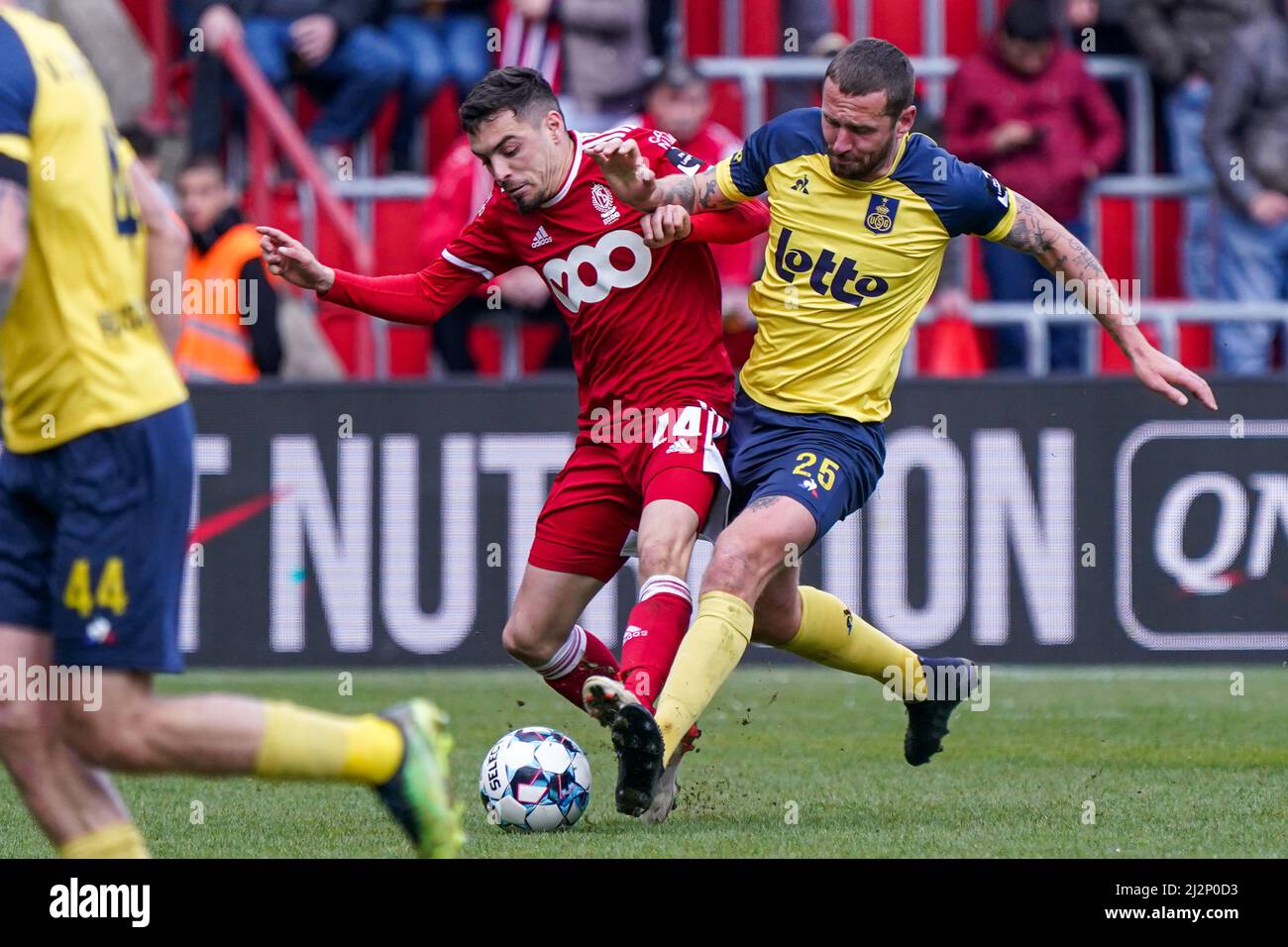 LUIK, BELGIUM APRIL 3 Mathieu Cafaro of Standard Liège, Damien Marcq