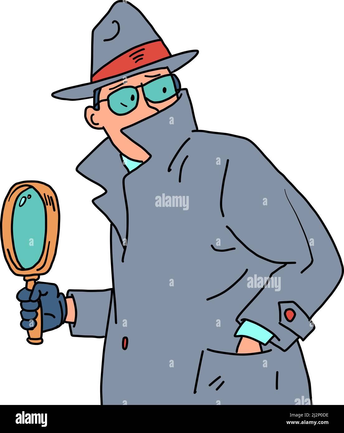 Detective and Magnifying Glass. a private detective, a man in a coat, hat and glasses Stock Vector