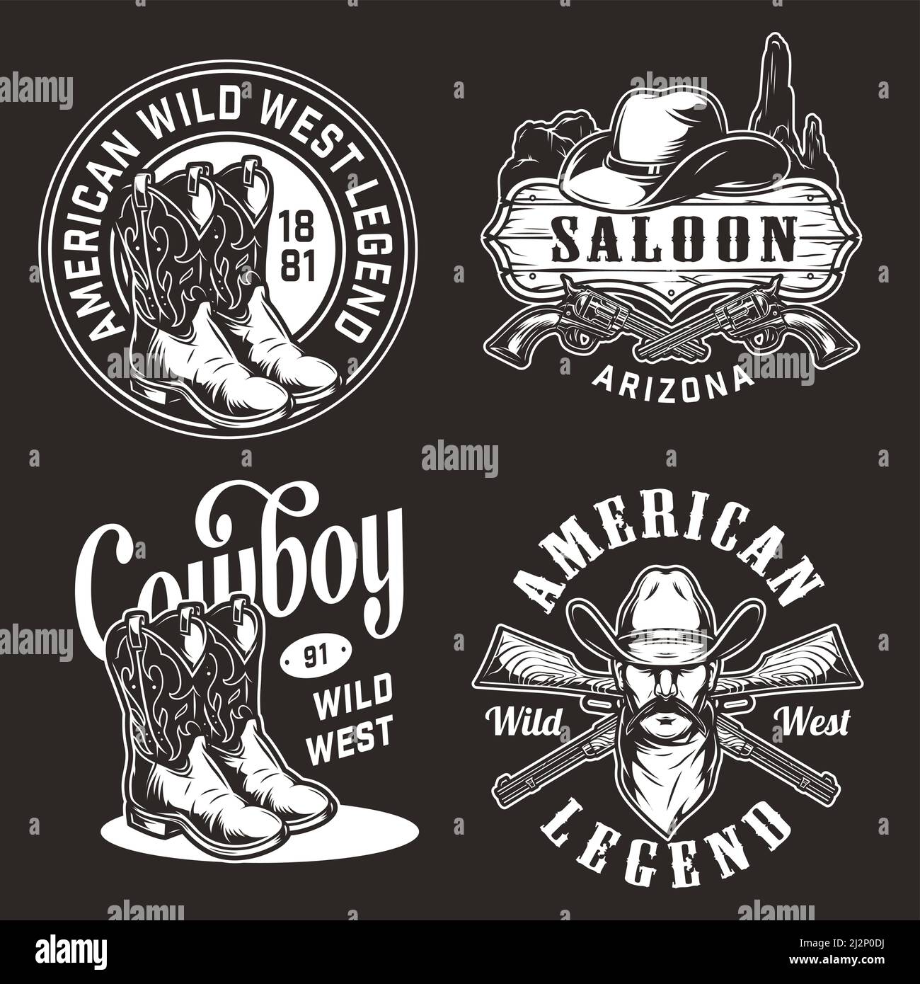 Monochrome vintage wild west labels with man in cowboy hat saloon signboard boots desert mountains landscape crossed guns and rifles isolated vector i Stock Vector
