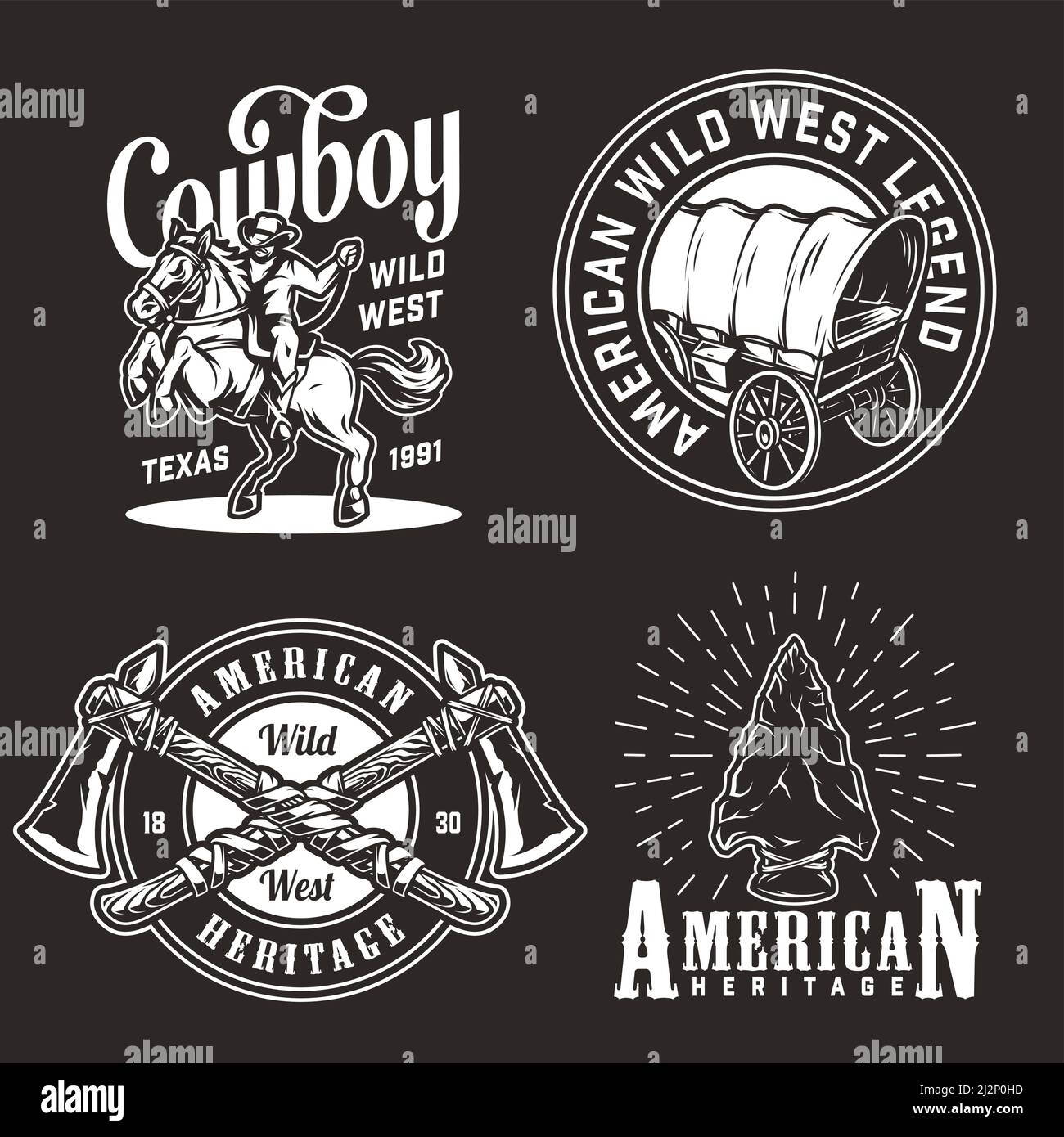 Vintage wild west emblems set with cowboy riding horse american indian ...