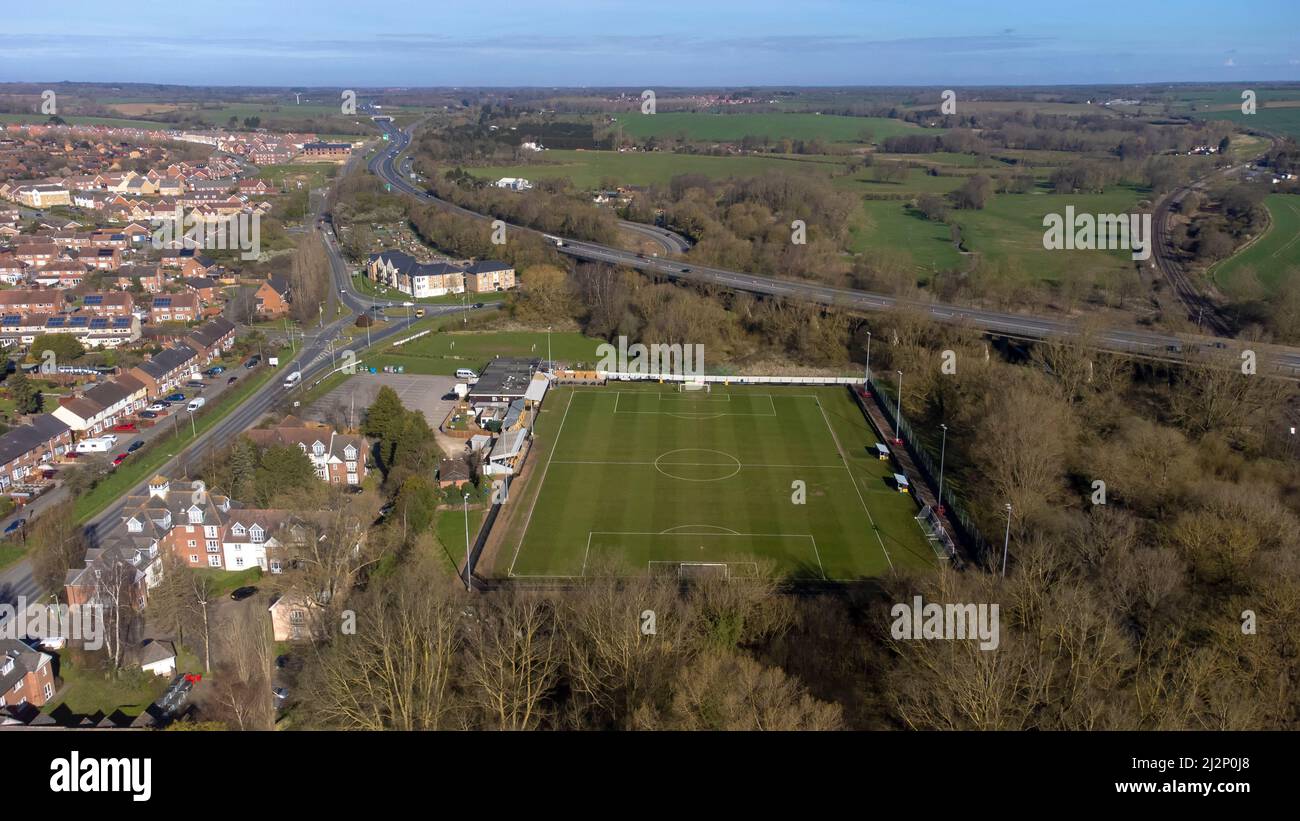 An aerial view of Greens Meadow, home of Stowmarket Town Football Club in Suffolk, UK Stock Photo