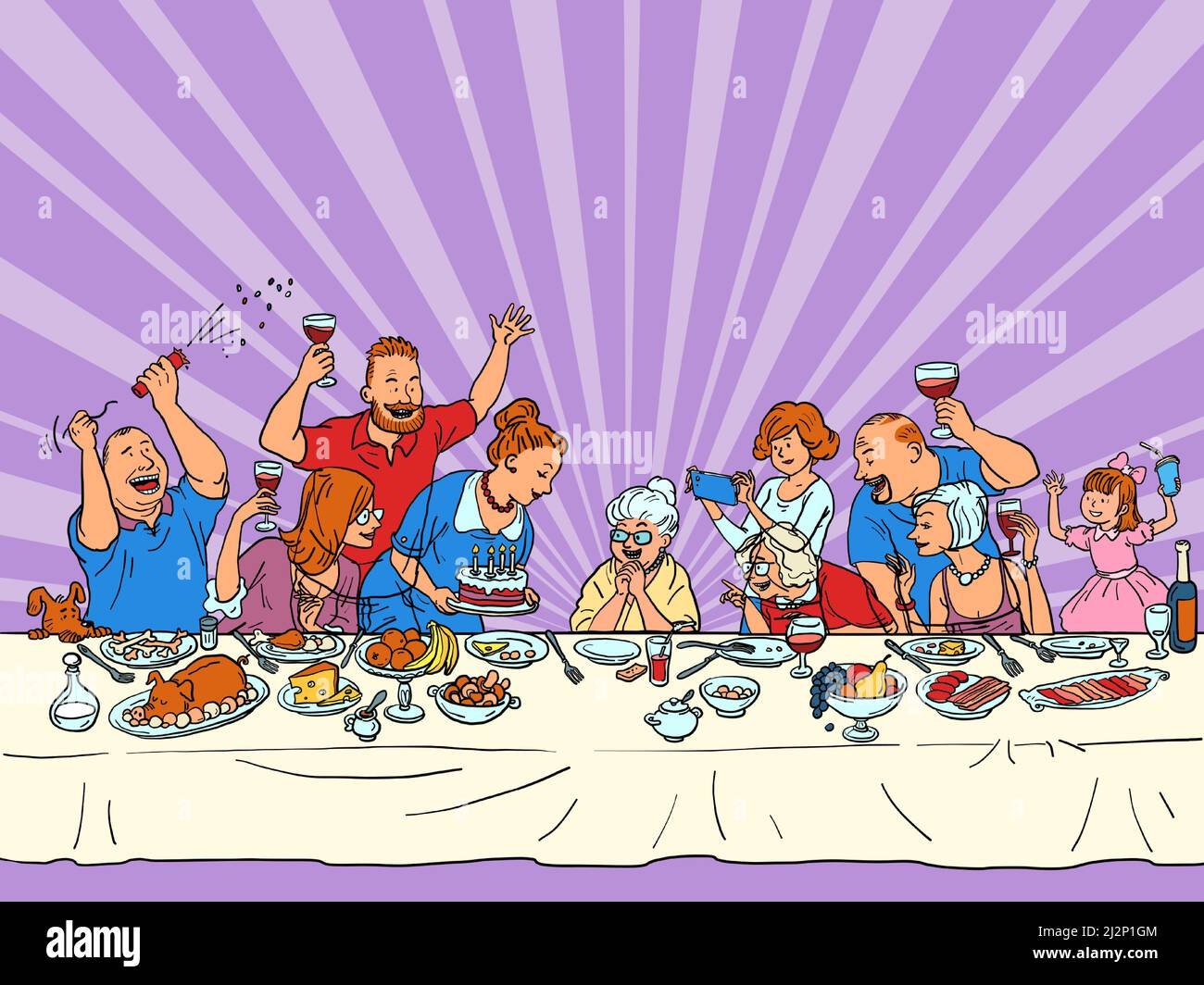 Grandma birthday, a family holiday. Anniversary. Relatives at the festive table with food and cake Stock Vector