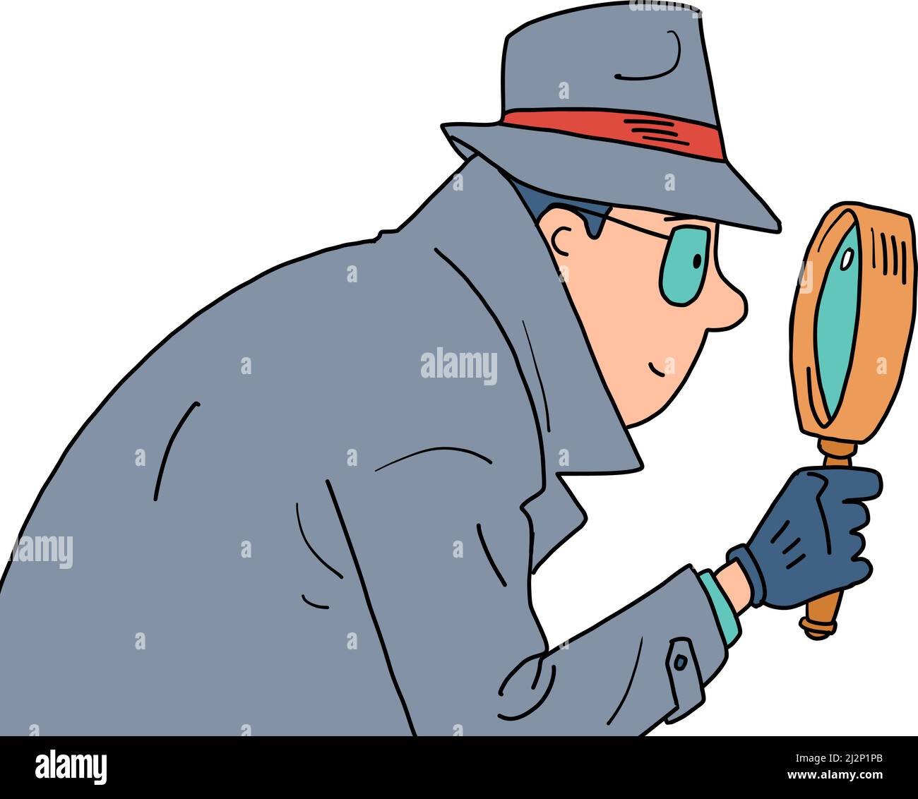 Detective and Magnifying Glass. a private detective, a man in a coat, hat and glasses Stock Vector