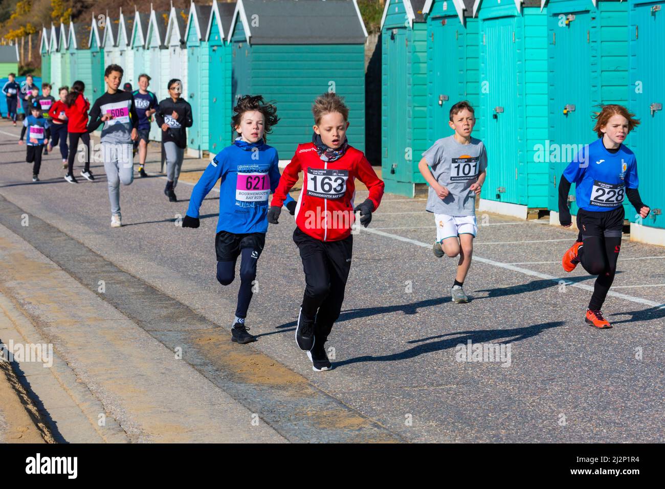 Bournemouth, Dorset, UK. 3rd April 2022. Runners take part in the Bournemouth Bay Run which provides the option of a Half Marathon, 10k Run, 5k Run and 1k Kids Fun Run along Bournemouth's sea front. Participants get amazing views along the coast as they take part raising vital funds for the British Heart Foundation charity to fight against heart disease. A dry sunny day after a cold frosty start. Credit: Carolyn Jenkins/Alamy Live News Stock Photo