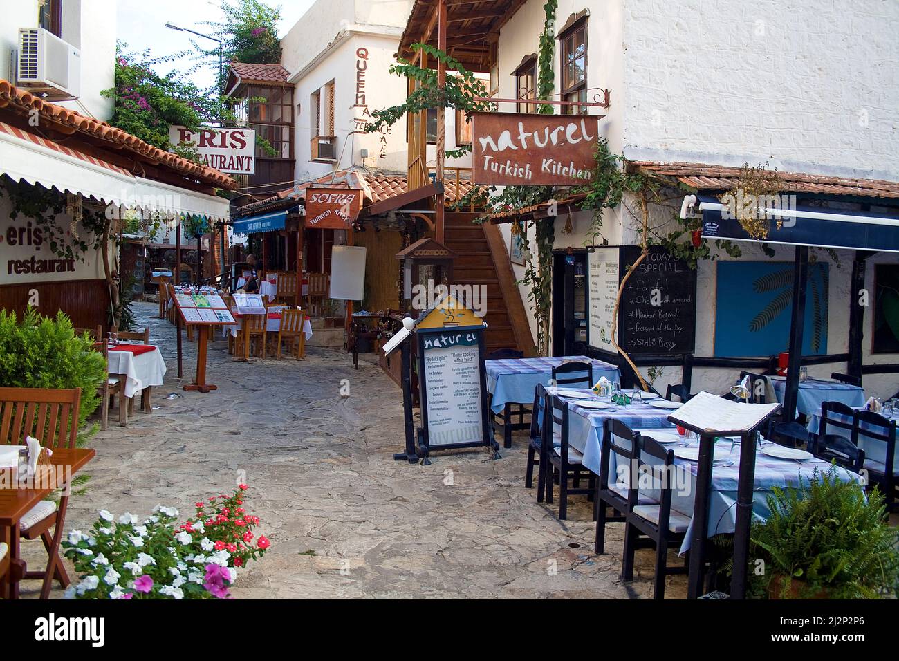 Restaurant old town of Kas, Lycia, Turkey, Mediteranean sea Stock Photo
