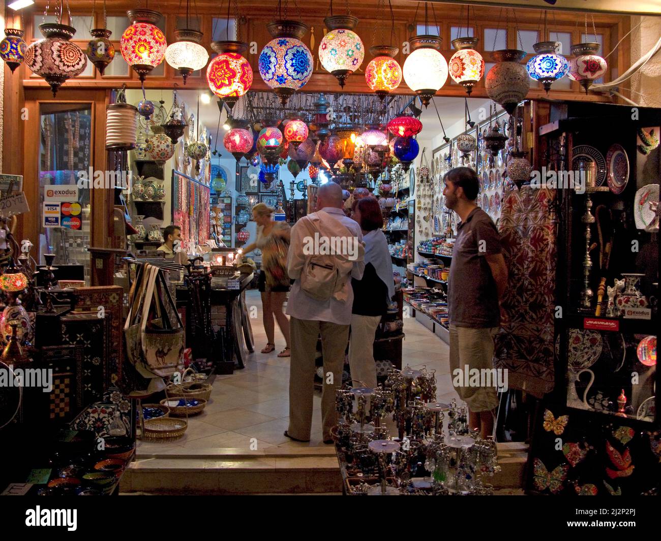Illuminated souvenir shop, night at old town of Kas, Lycia, Turkey, Mediteranean sea Stock Photo
