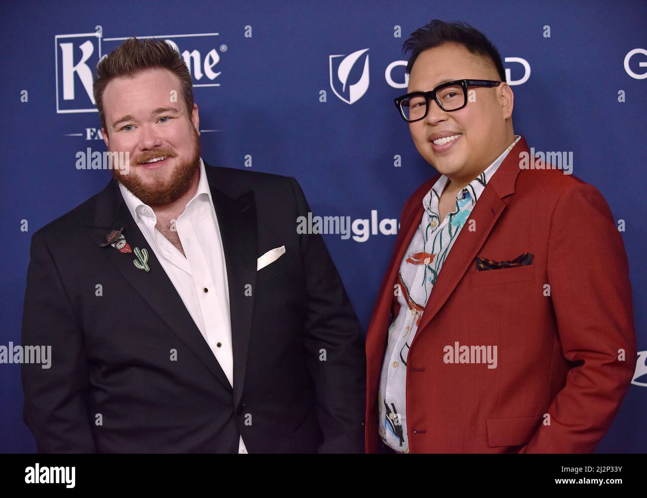 Beverly Hills, United States. 2nd Apr, 2022. Zeke Smith (L) and Nico Santos arrive on the red carpet for the 33rd Annual GLAAD Media Awards at the Beverly Hilton in Beverly Hills, California on Saturday, April 2, 2022. Photo by Chris Chew/UPI Credit: UPI/Alamy Live News Stock Photo