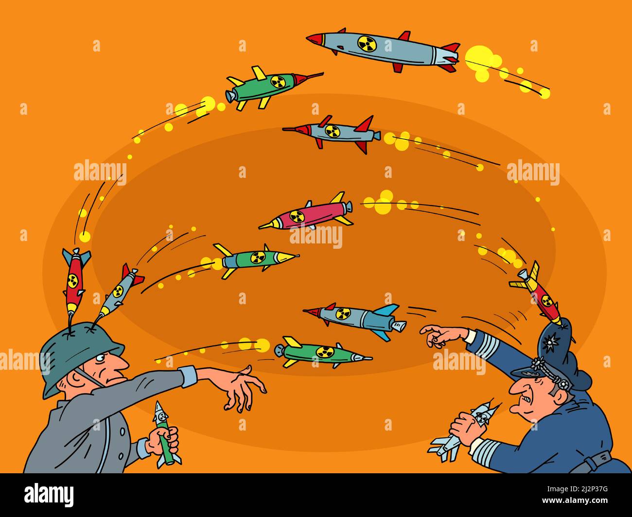 War generals throw rocket at each other. Militarism and the Army Stock Vector